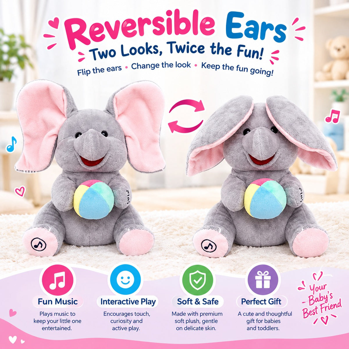 Peekaboo Elephant Plush Toy with Flappy Ears, Music & Sensory Play