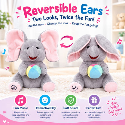 Peekaboo Elephant Plush Toy with Flappy Ears, Music & Sensory Play
