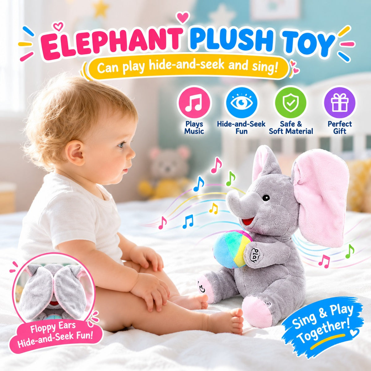 Peekaboo Elephant Plush Toy with Flappy Ears, Music & Sensory Play