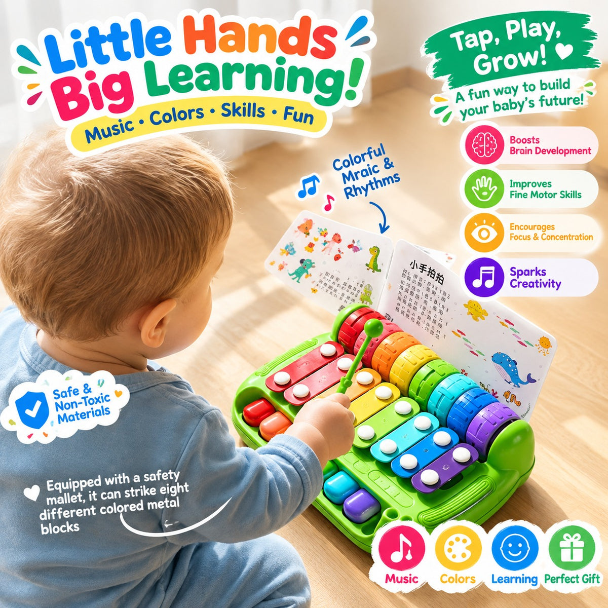 2-in-1 Baby Musical Toy – Piano & Percussion with 8 Sounds